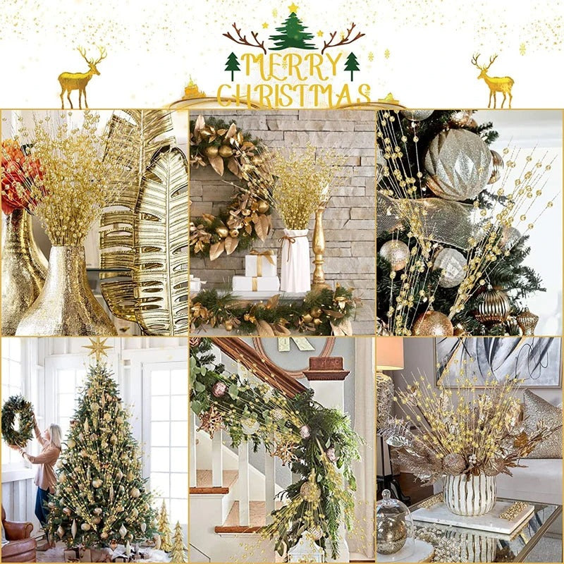 2Pcs 43cm Foam Artificial Flowers Golden Glitter Christmas Berries Bouquet Home Christmas Wedding Decor Table Wreath DIY Crafts