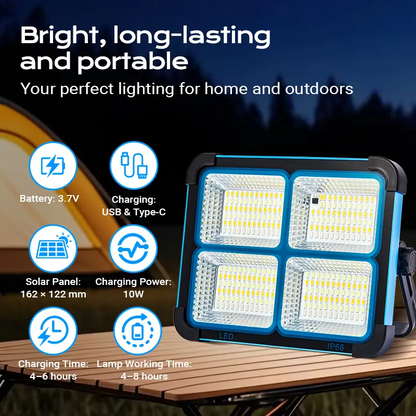 Solar Rechargeable LED Work Light, 288 Super Bright 5730 Beads Floodlight with USB & Type-C Charging