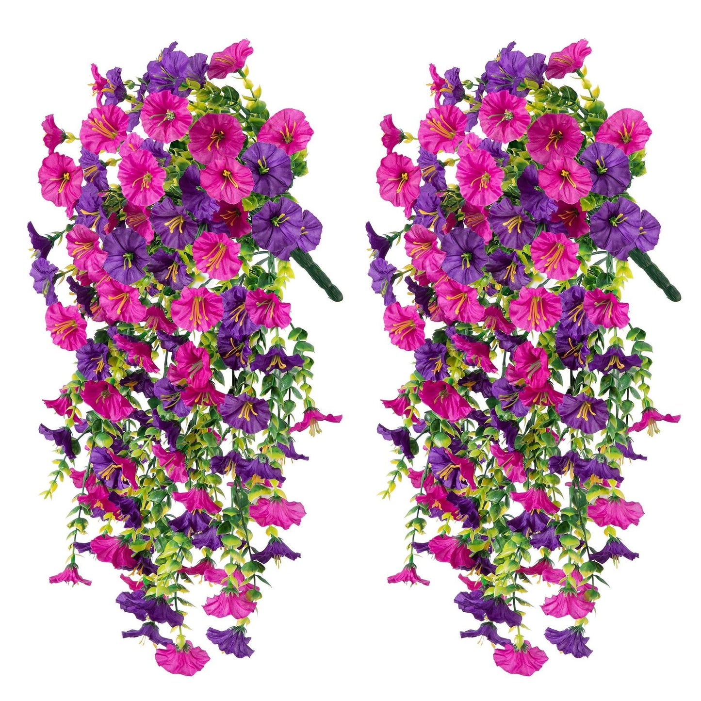 Two artificial hanging flower arrangements with pink and purple flowers on a white background
