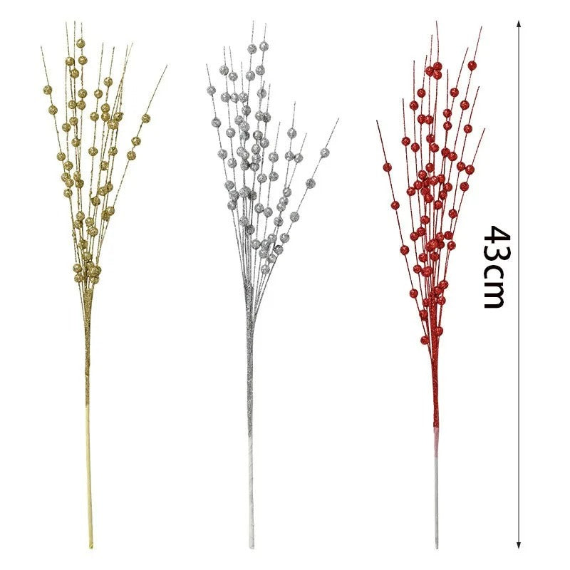 2Pcs 43cm Foam Artificial Flowers Golden Glitter Christmas Berries Bouquet Home Christmas Wedding Decor Table Wreath DIY Crafts