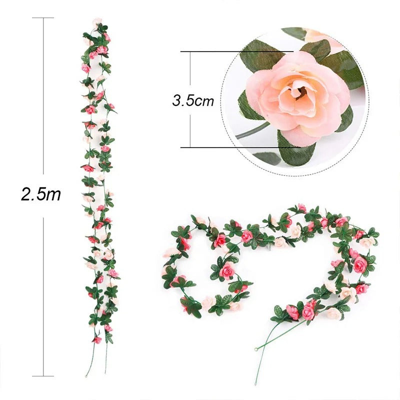 1pc 2.5M Rose Artificial Flowers Rattan Wedding Arch Decoration Silk Flower Rattan Ivy Outdoor Garden Wall Home Decor Fake Vines