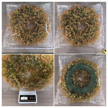 Collage of a dried floral wreath with measurements and scale on a wooden surface