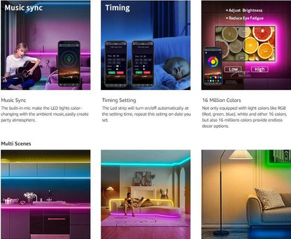 200FT 100FT 50FT Smart Led Strip Lights RGB Color Changing Time Setting Music Sync Strip Lights with both App and Remote Control for Bedroom Indoor Lighting, for Christmas Gifts