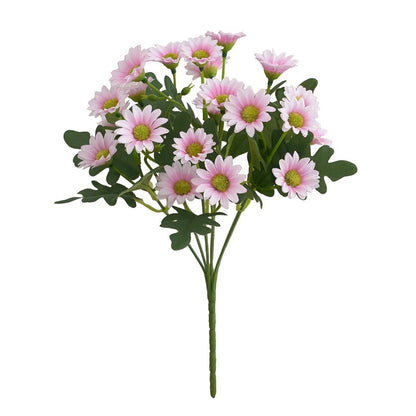 Bouquet of pink flowers with green leaves on a white background