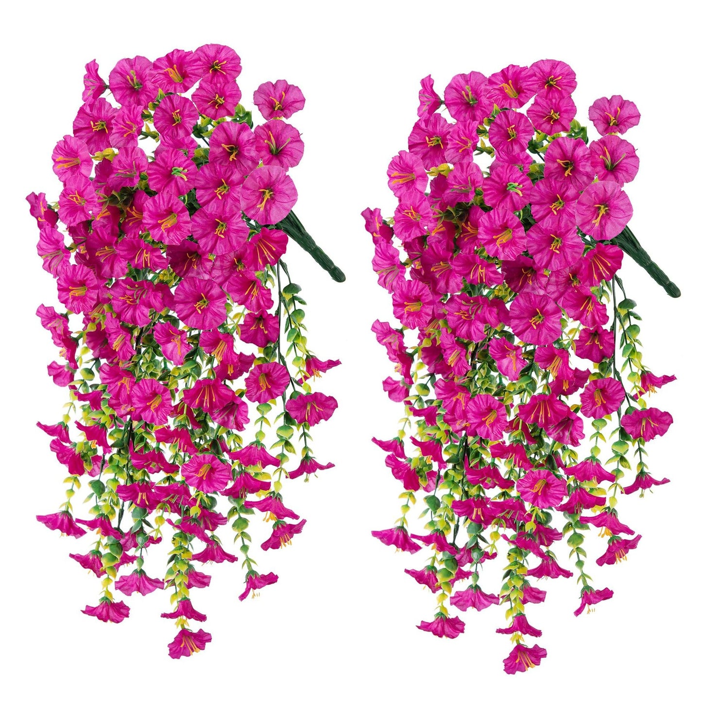 Two pink hanging floral arrangements on a white background