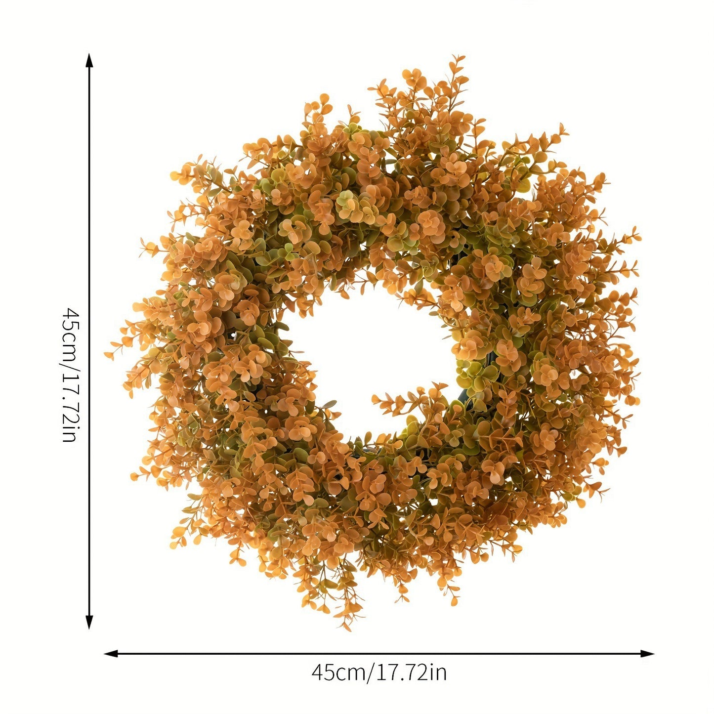 Artificial wreath with dimensions indicated on a white background